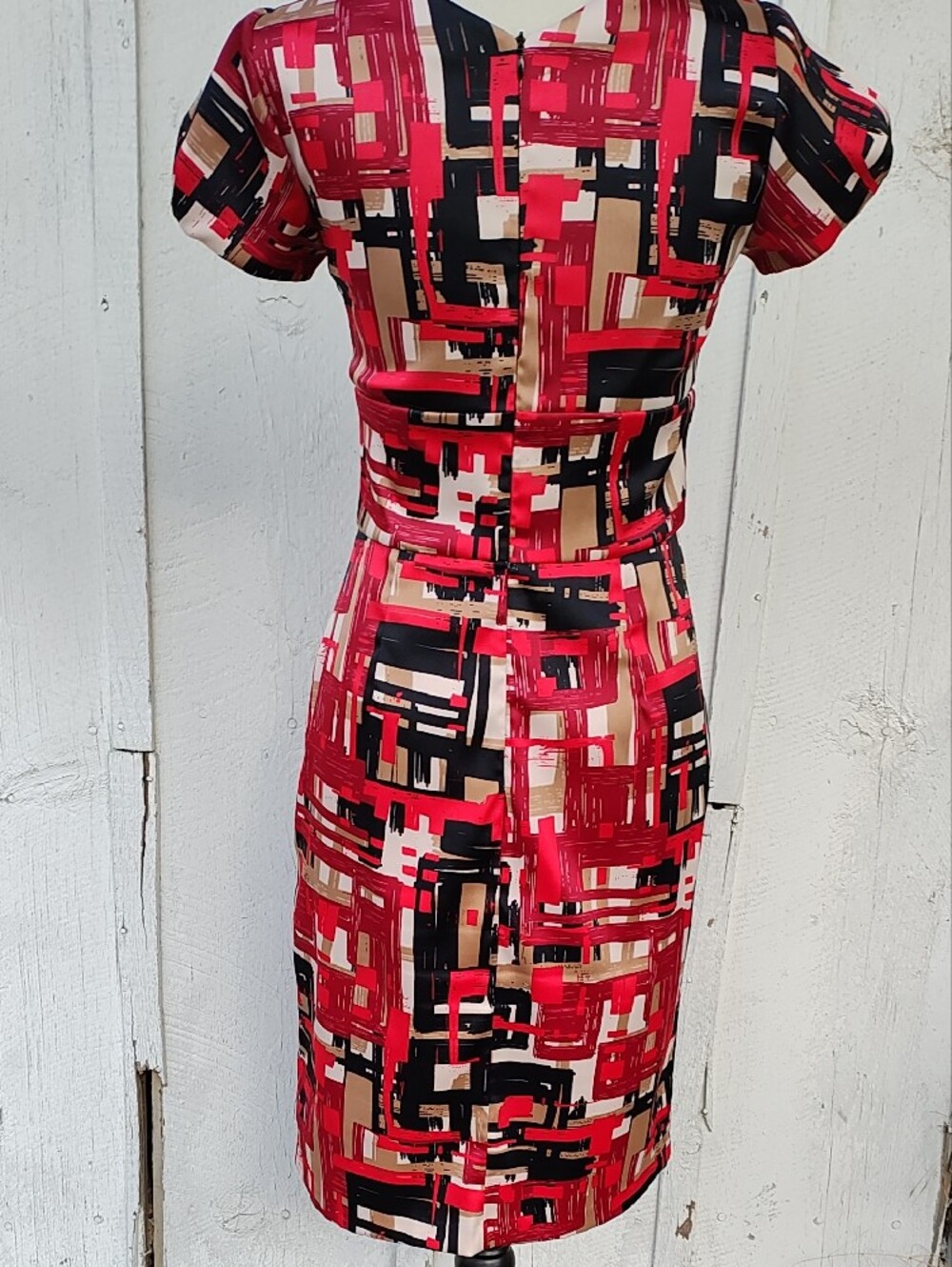 Rabbit Rabbit Rabbit Red, Black & Tan Abstract V‑Neck Sheath Dress - Picture 6 of 10